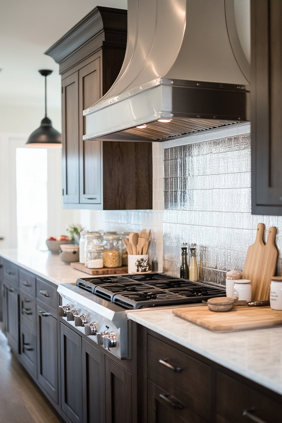 Tin tile backsplash with intricate embossed patterns