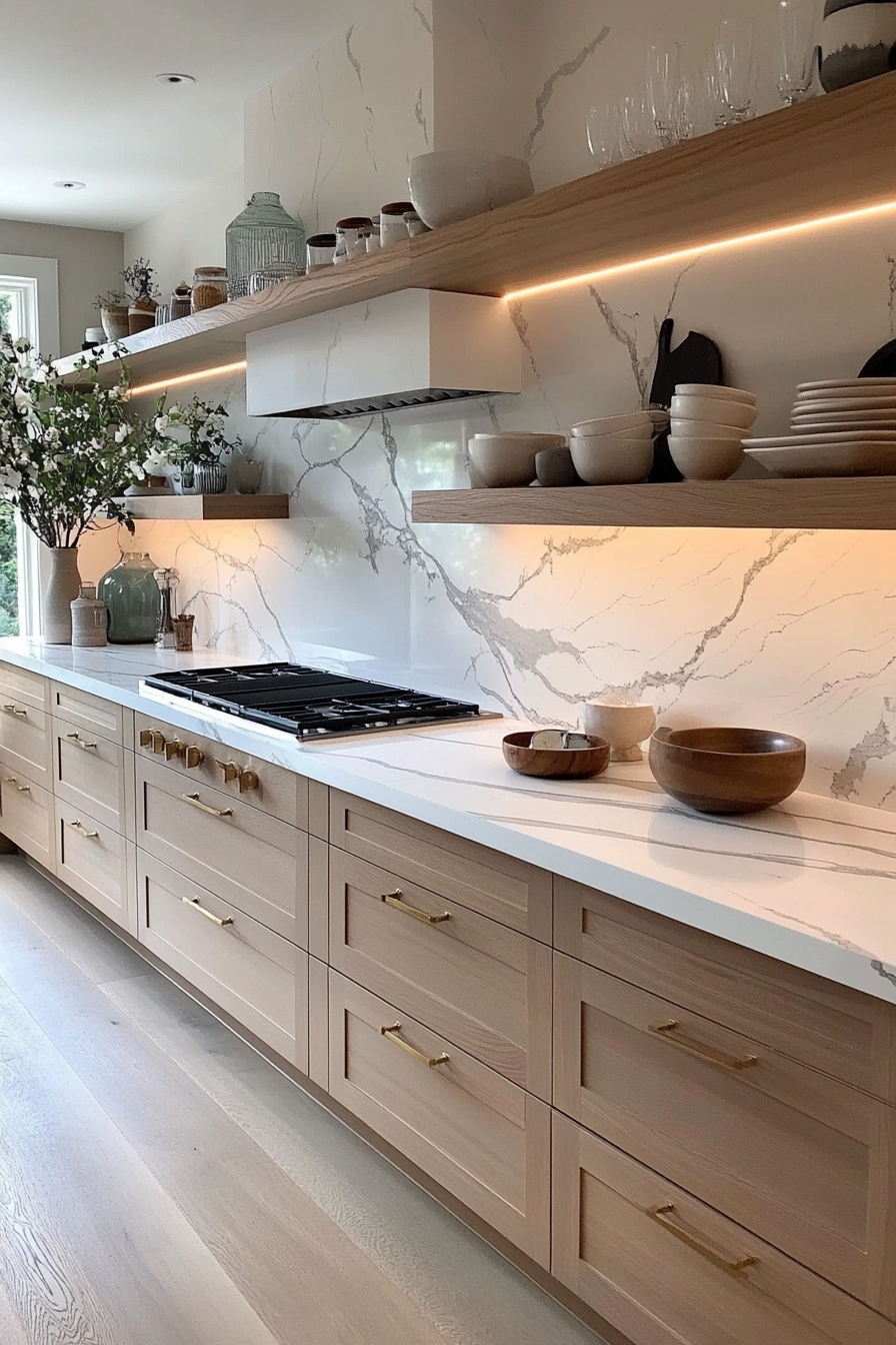Marble backsplash paired with brass hardware and fresh flowers