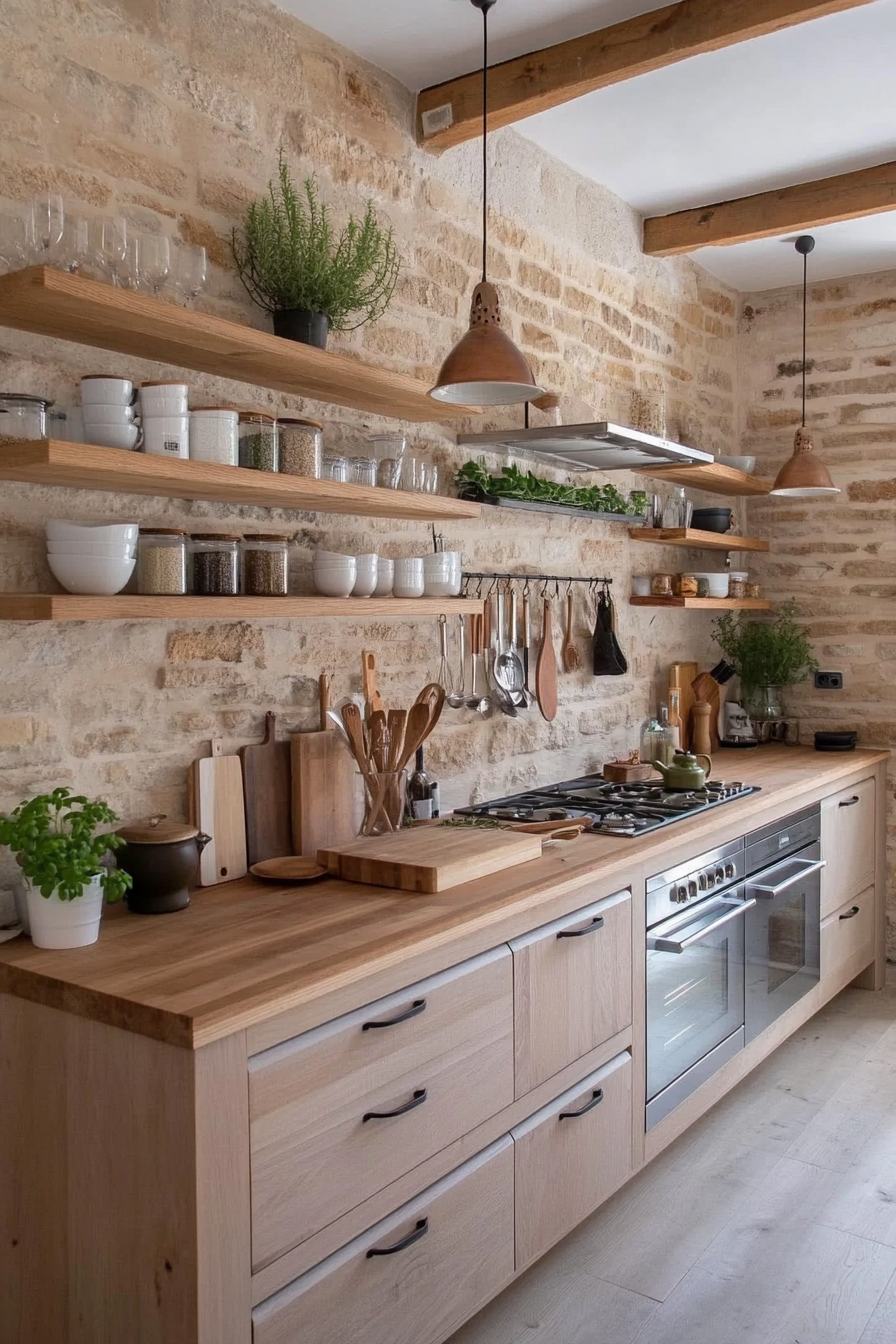 Stacked stone backsplash with wooden accents and herbs