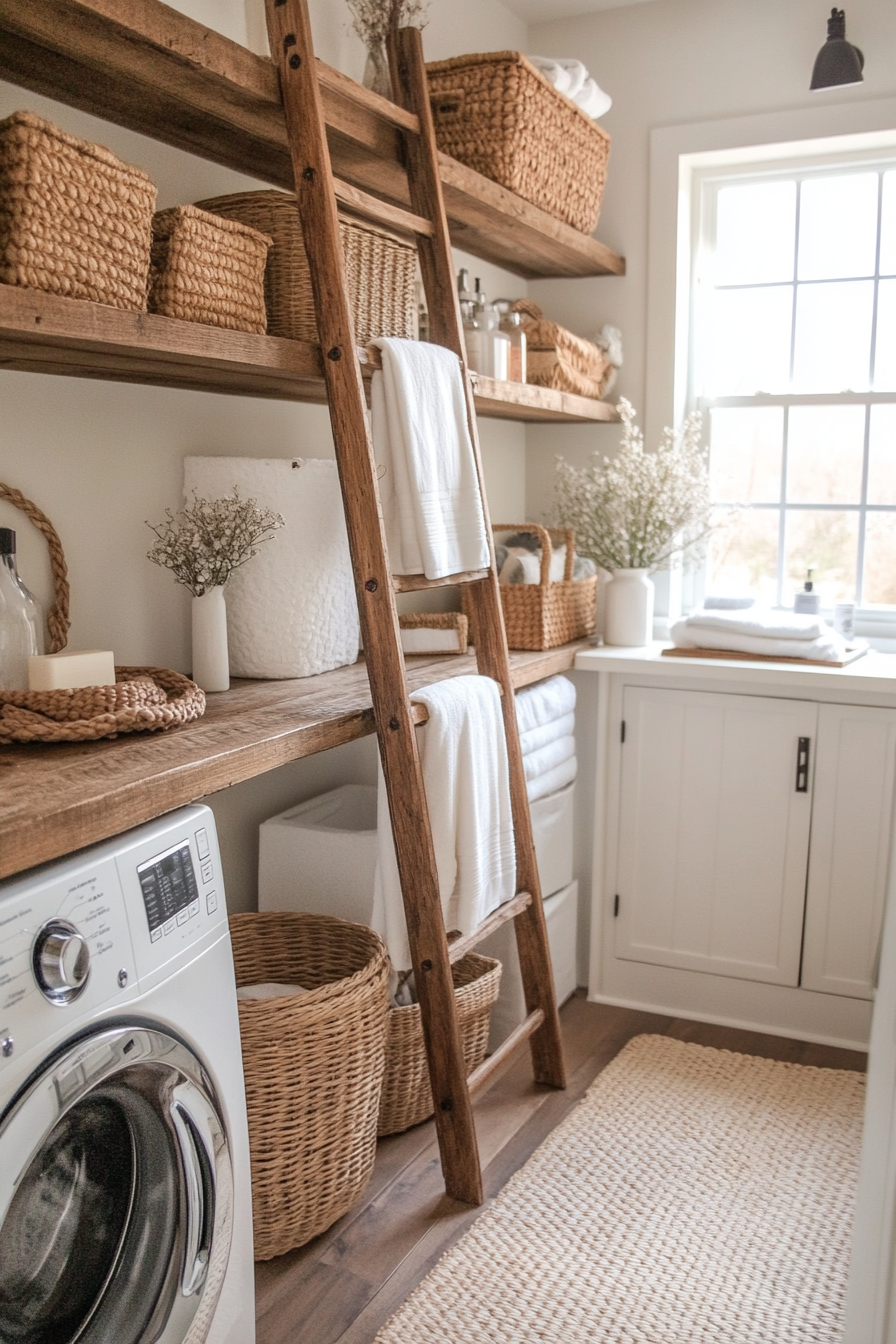 Vintage ladder used as a towel and hanger rack