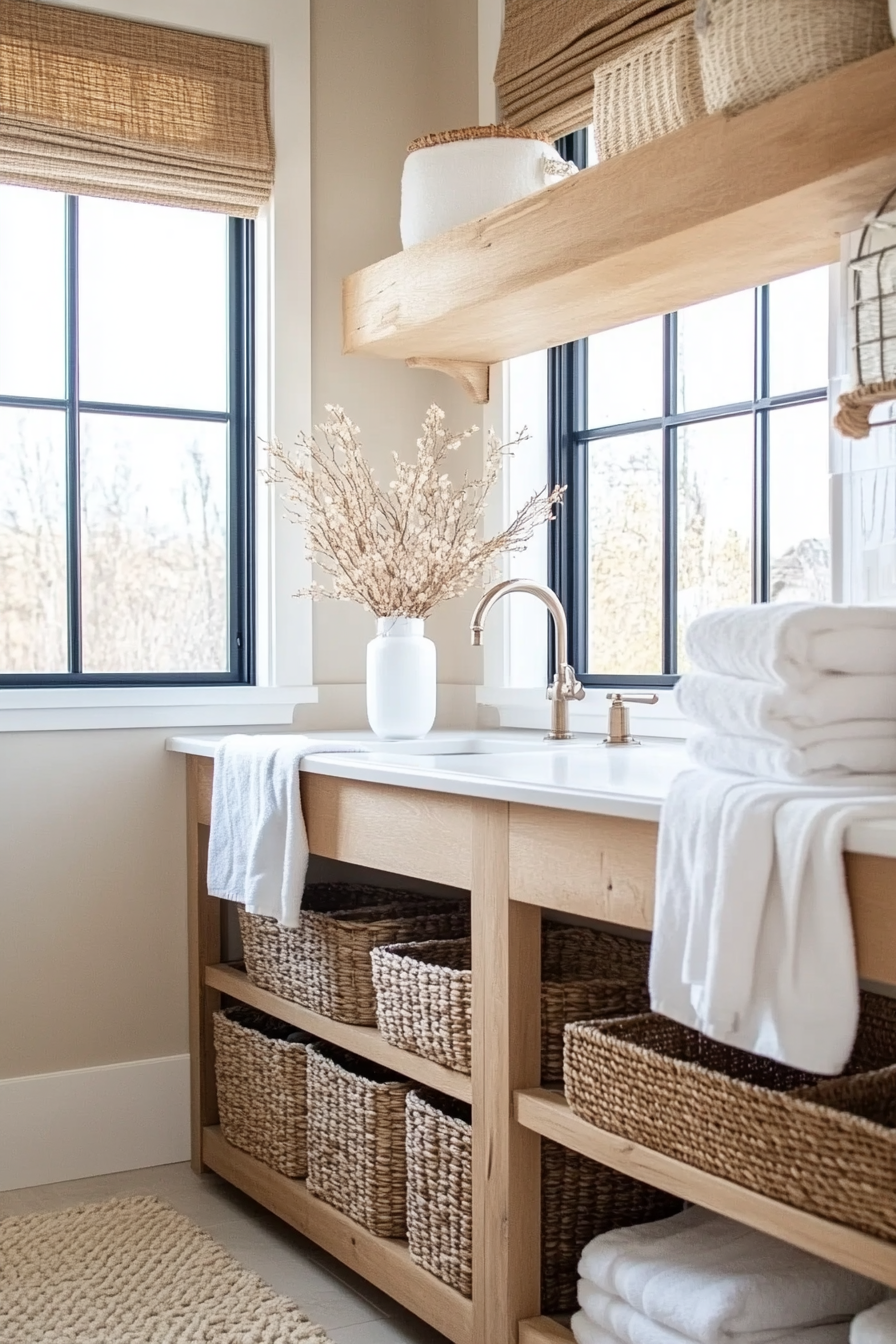 Neutral color palette with warm textures in a farmhouse laundry room