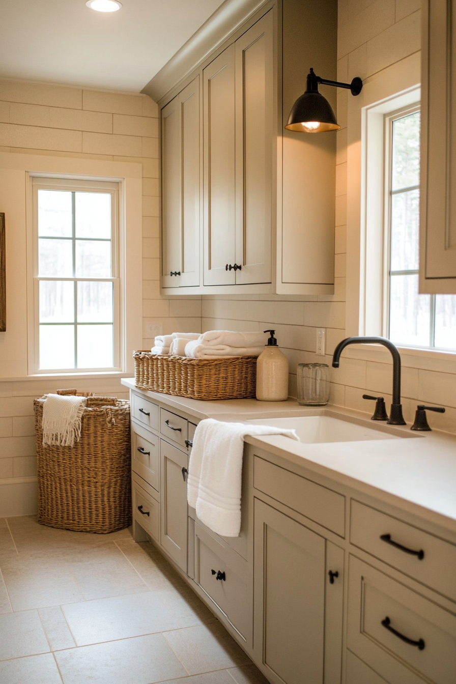 Neutral tones styled with warm textures in a farmhouse laundry room