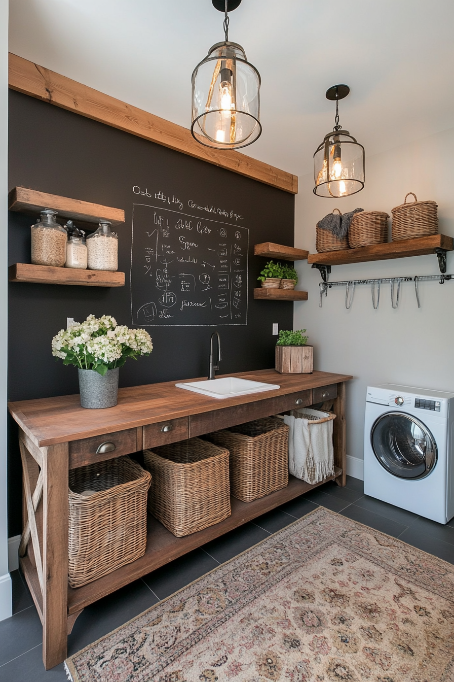 Chalkboard wall used for notes in a farmhouse laundry room
