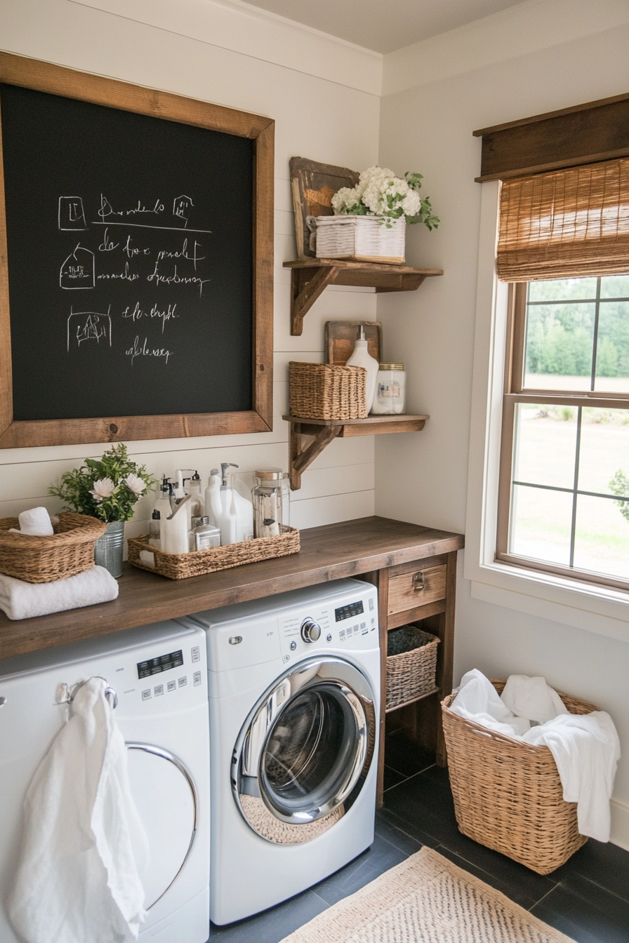 Chalkboard wall with handwritten notes in a farmhouse laundry room