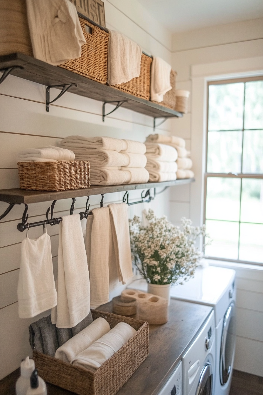 Wrought iron drying rack in a farmhouse laundry room