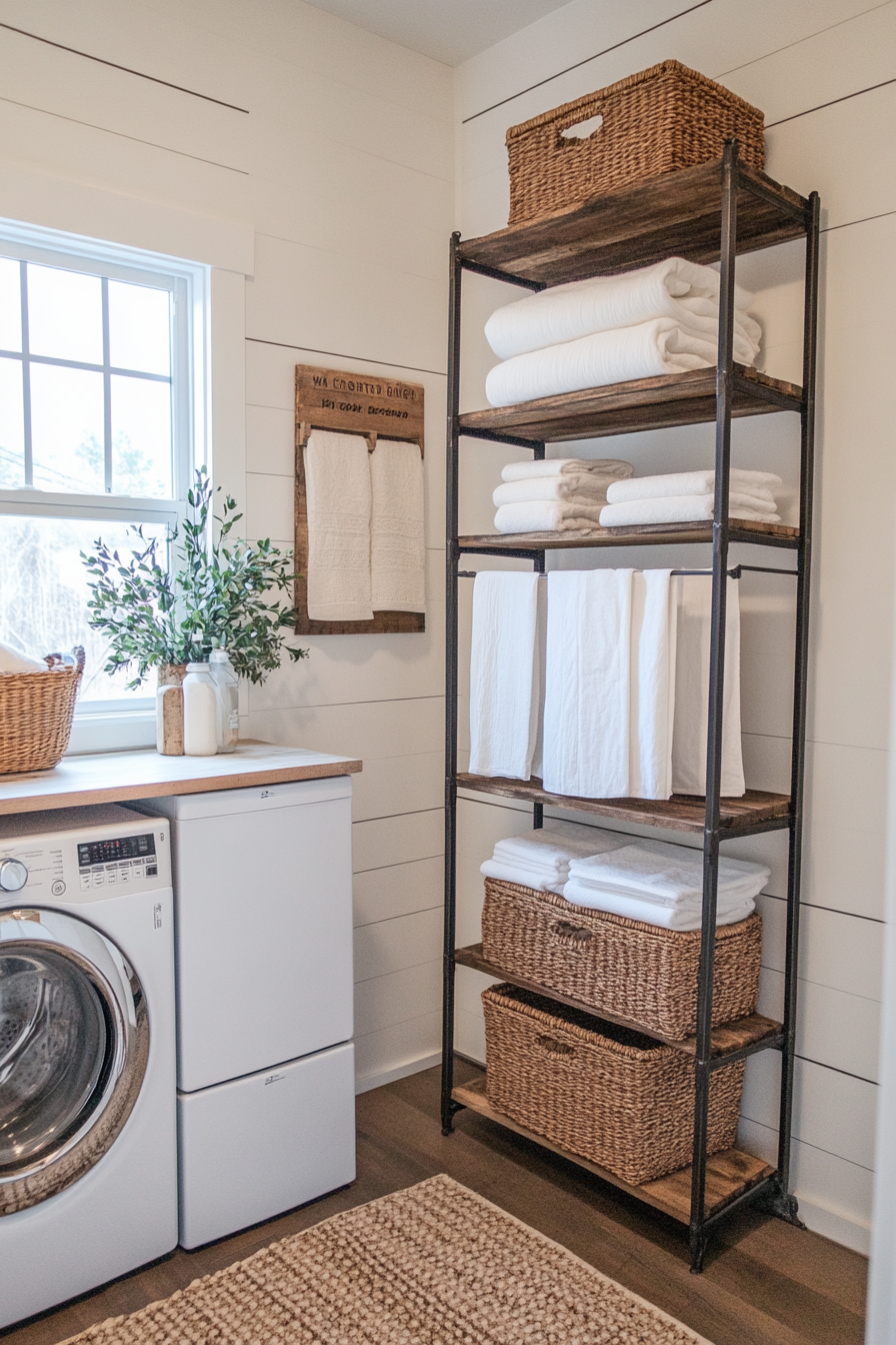 Wrought iron drying rack styled in a farmhouse laundry room