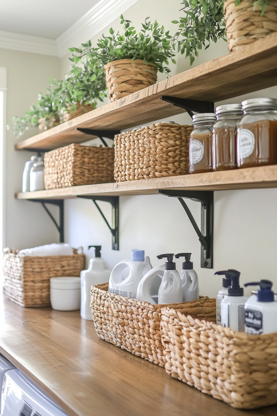Mason jars used as supply holders in a farmhouse laundry room
