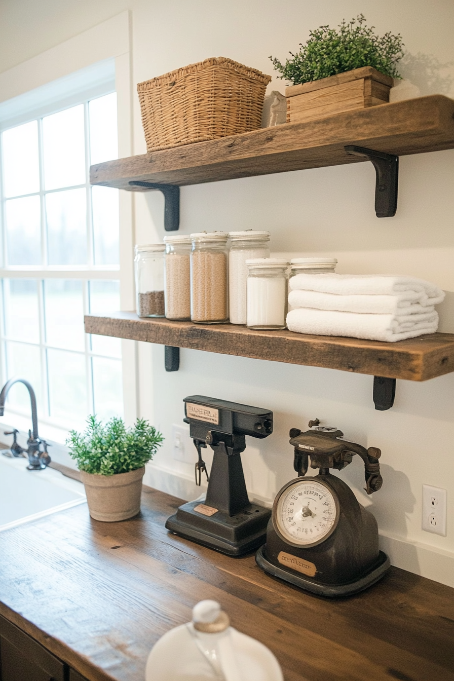 Vintage scale used as decor in a farmhouse laundry room