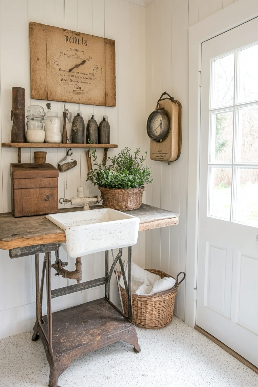 Vintage scale styled with rustic elements in a farmhouse laundry room