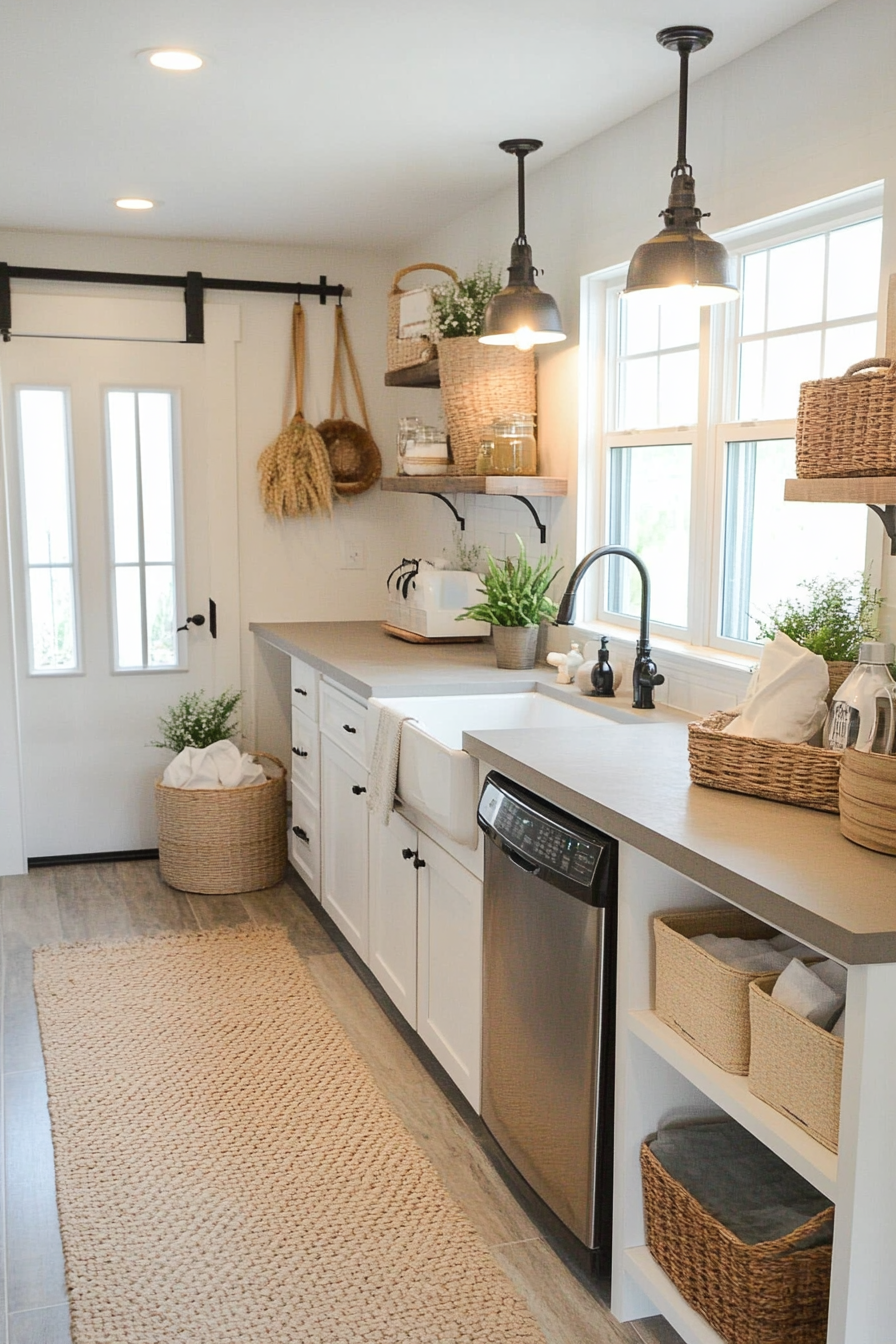 Woven runner with neutral tones in a farmhouse laundry room