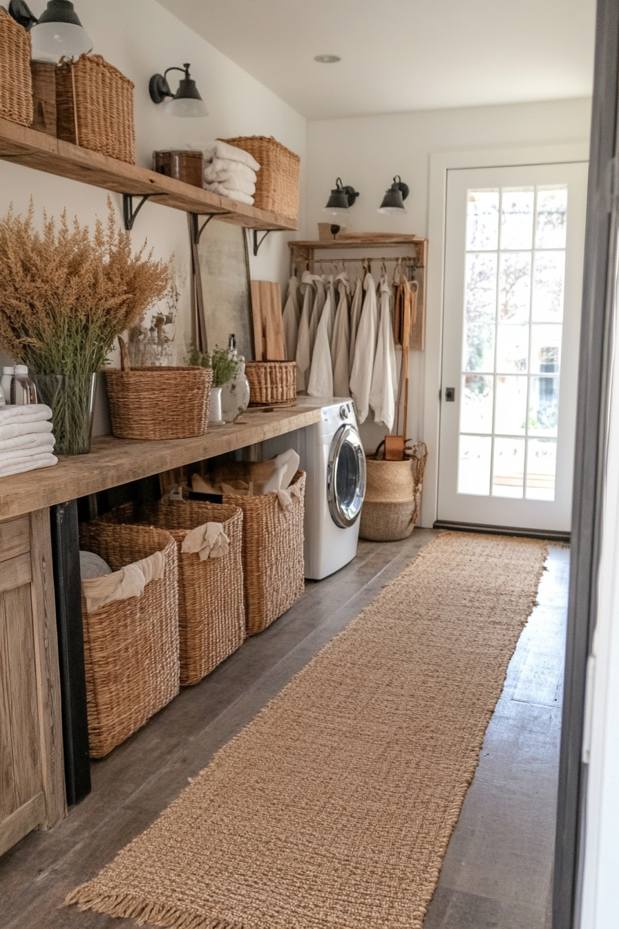 Neutral woven runner styled in a farmhouse laundry room