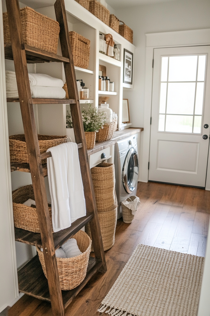 Decorative styling of vintage ladder rack in a farmhouse setting