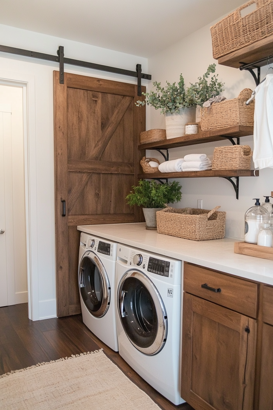 Sliding barn door cabinet in a laundry room