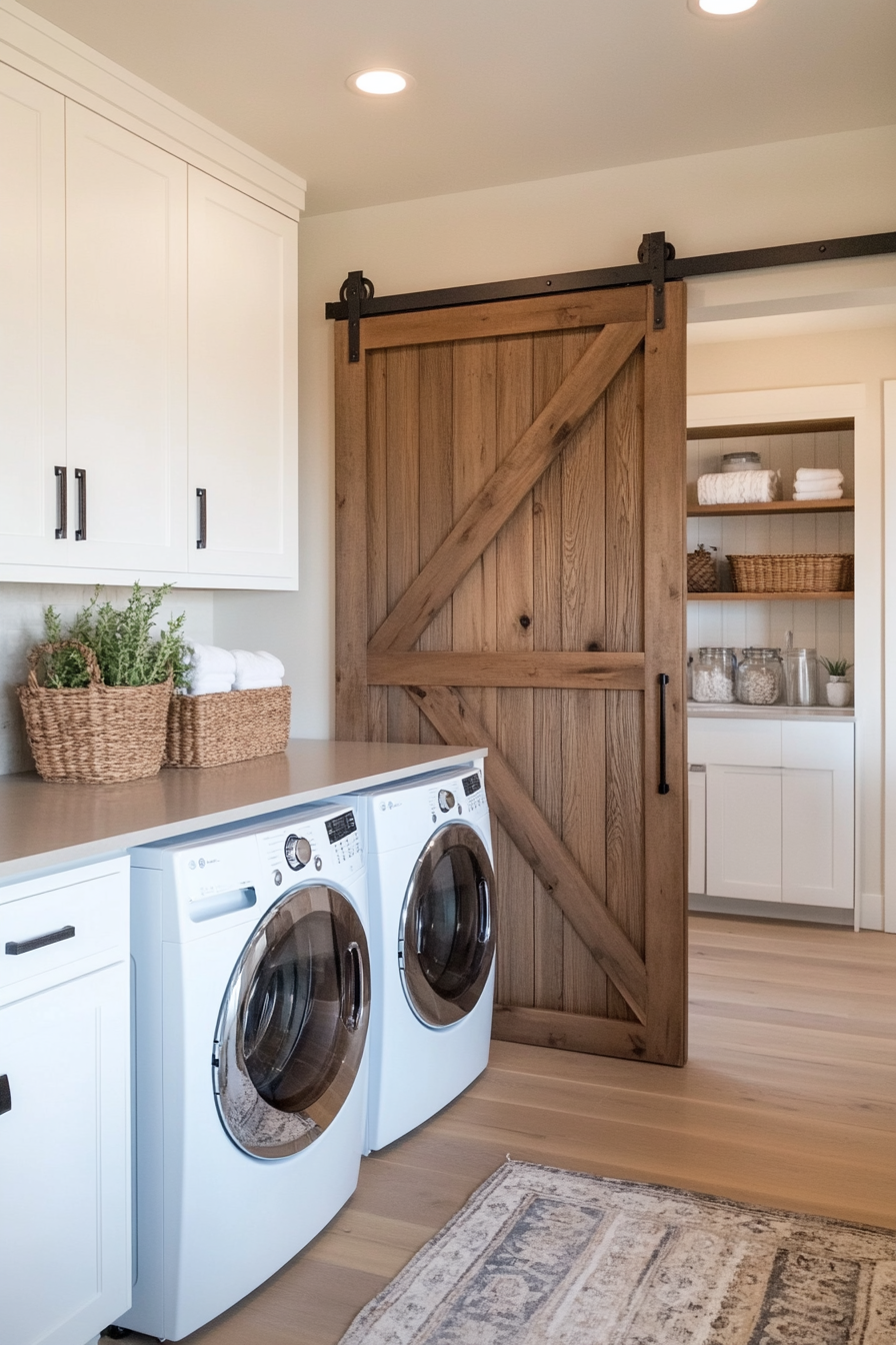 Sliding barn doors styled in a laundry space with rustic decor