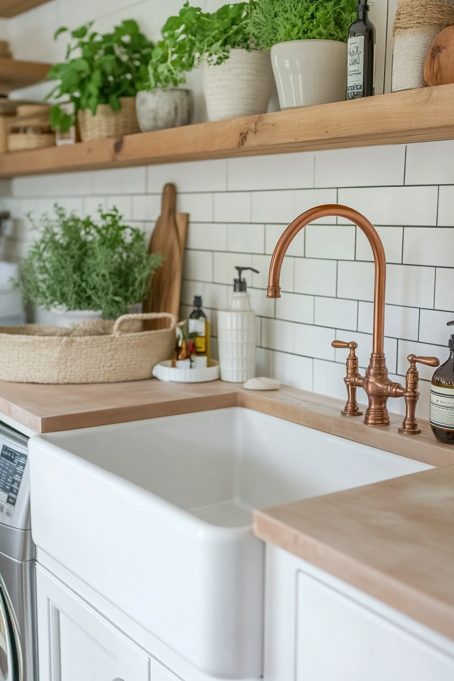 Farmhouse sink with a copper faucet in a laundry room