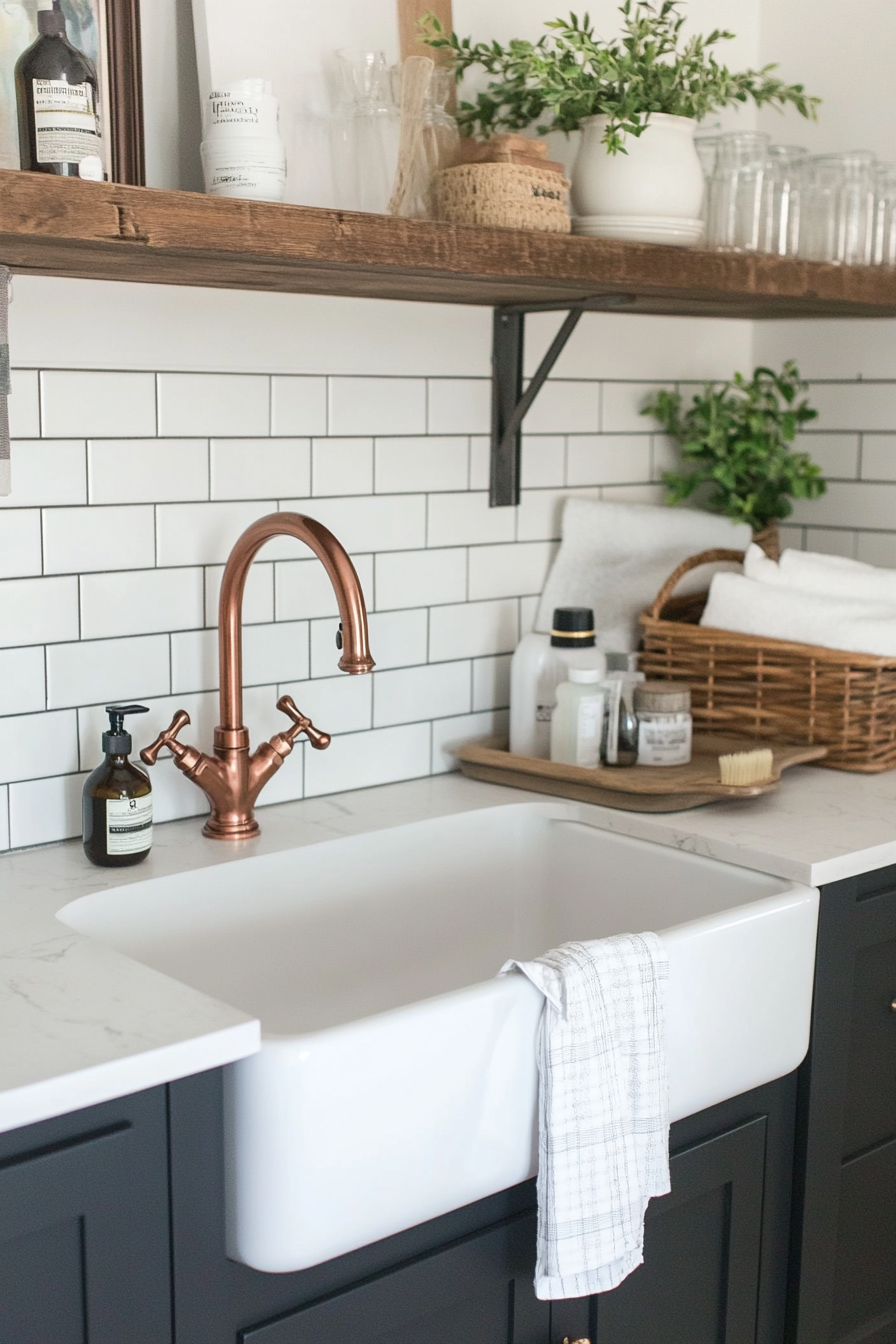 Close-up of farmhouse sink and copper faucet styled with greenery
