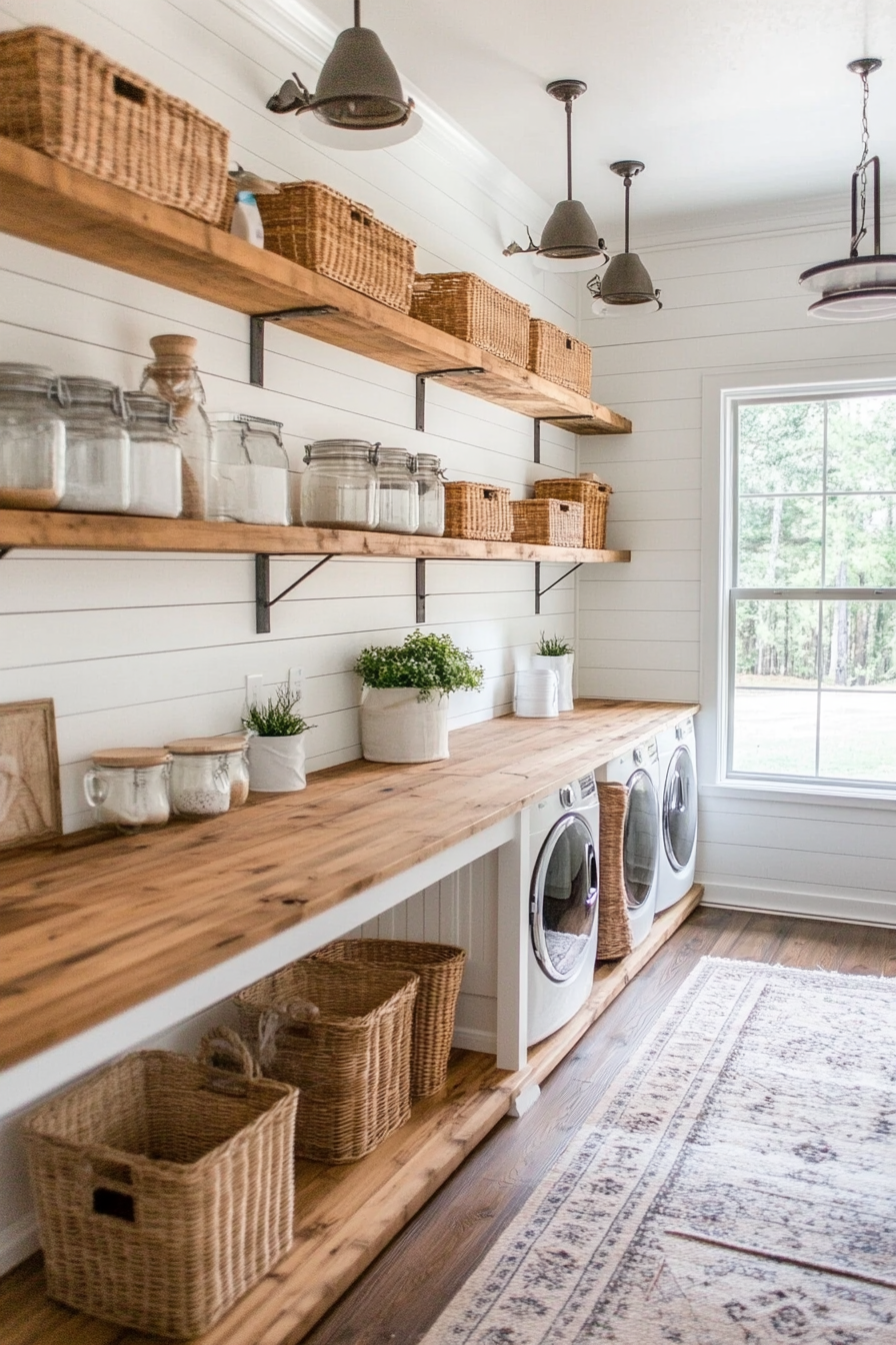 Shiplap accent wall in soft white for a farmhouse laundry room