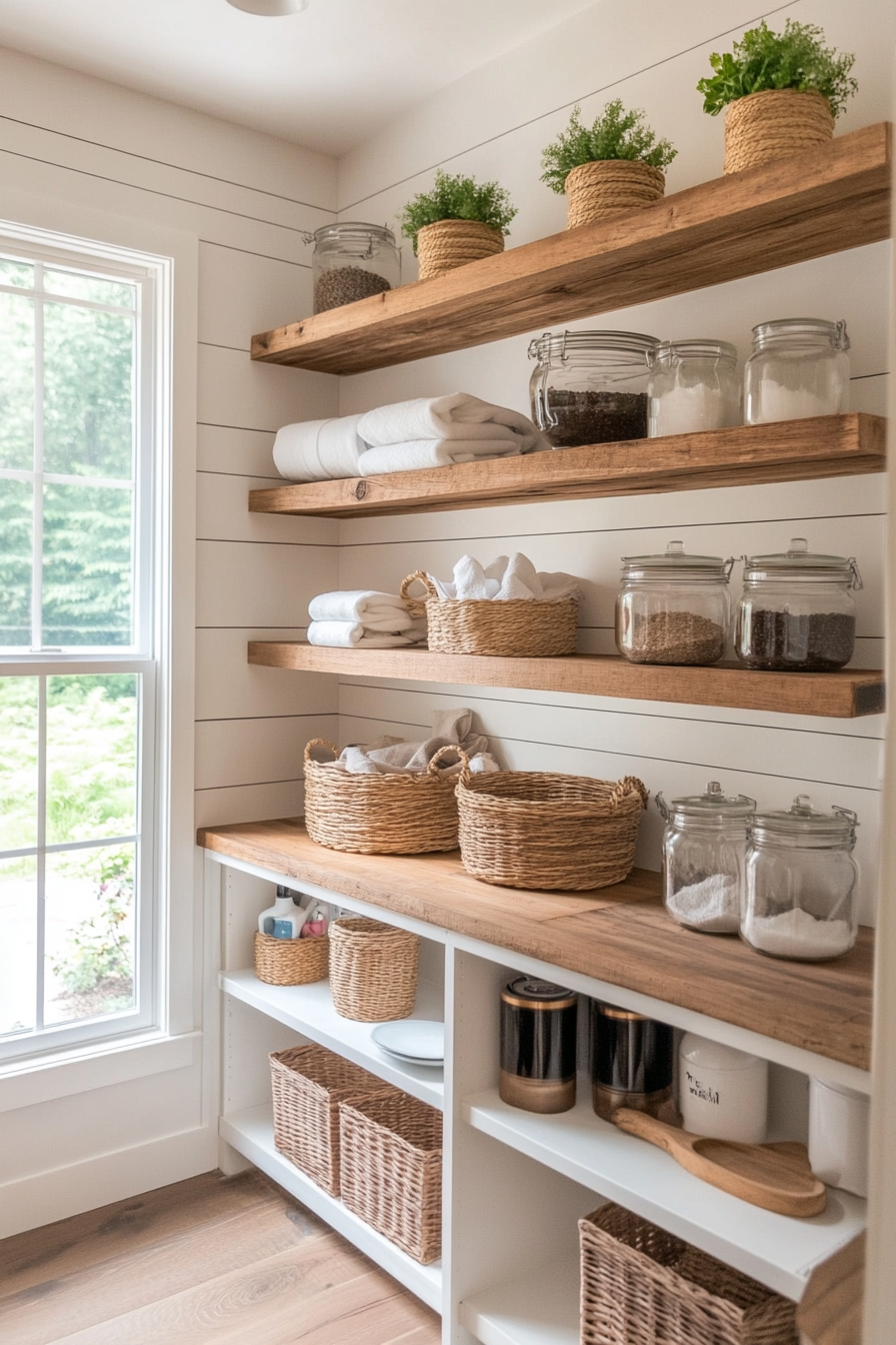 Styled shiplap wall in a farmhouse laundry room with decor