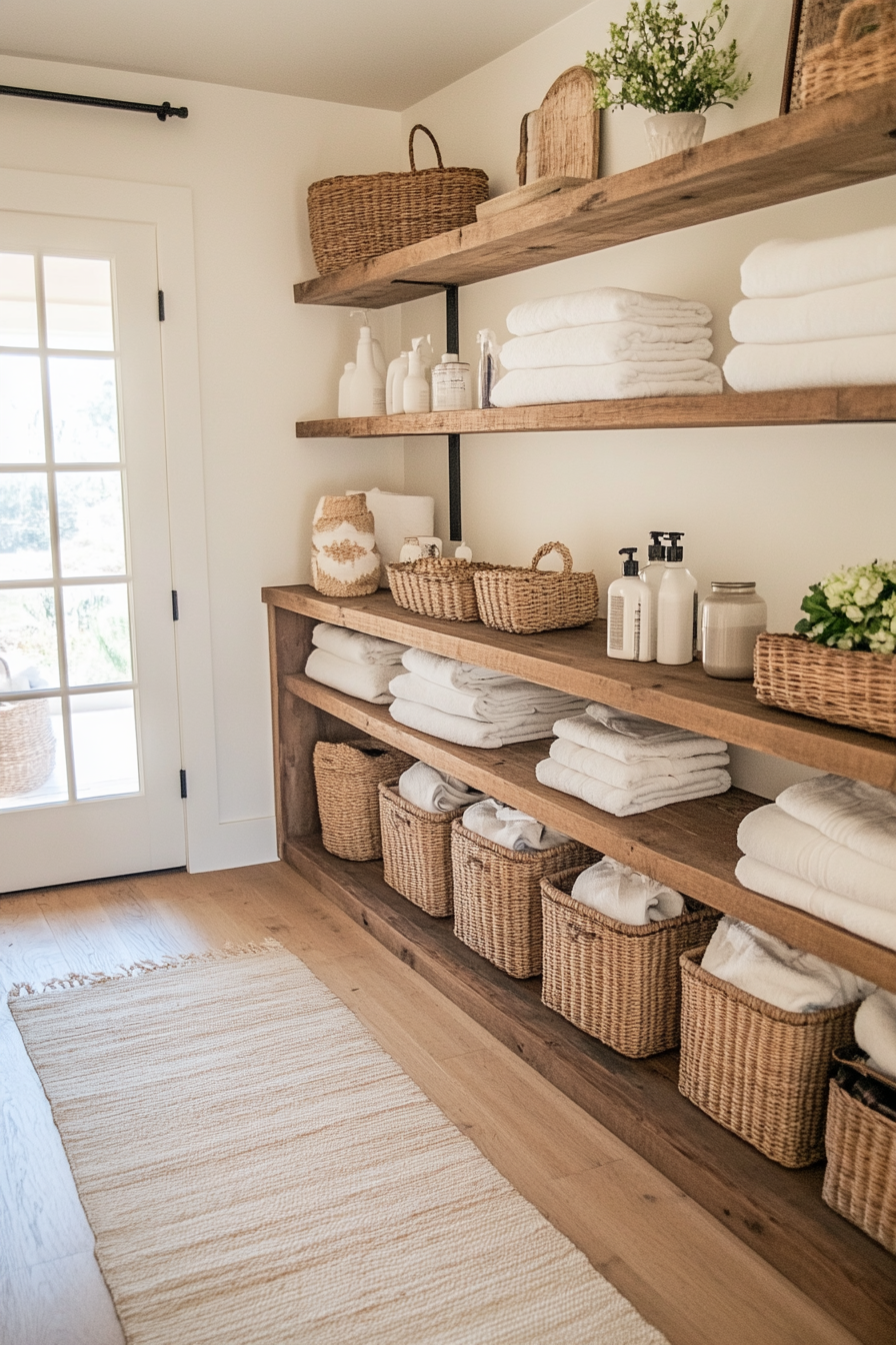Woven basket storage for linens in a laundry room