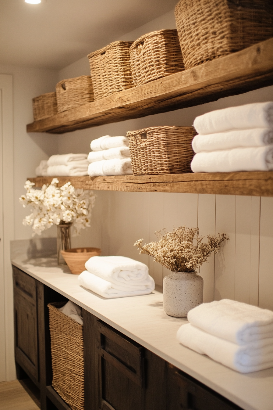 Organized woven baskets in a laundry room with linen lining
