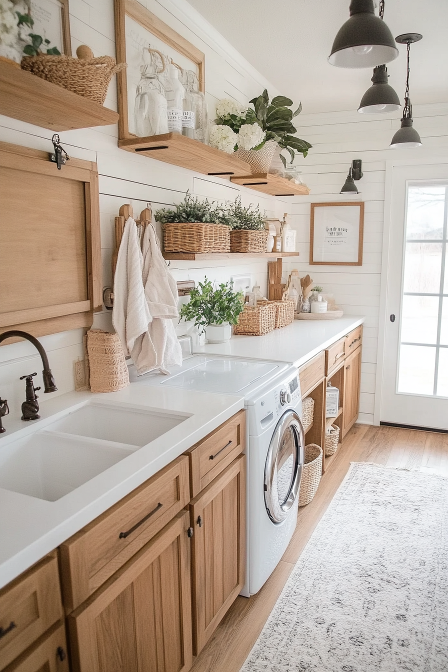 Vintage washboard used as wall decor in a farmhouse laundry room