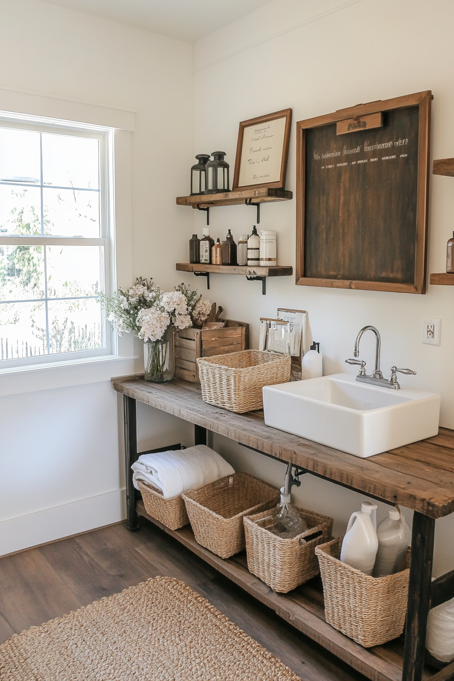 Vintage washboard styled with rustic decor in a laundry room
