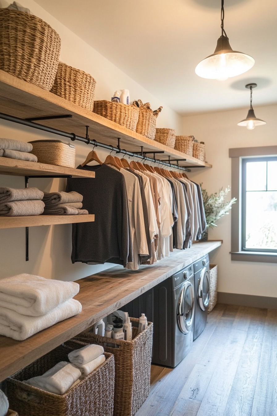 Industrial pipe clothing hanging system in a farmhouse laundry room