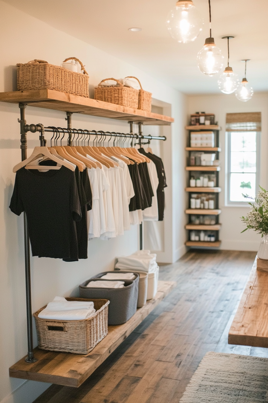 Industrial pipe clothing rack styled with rustic elements in a laundry room