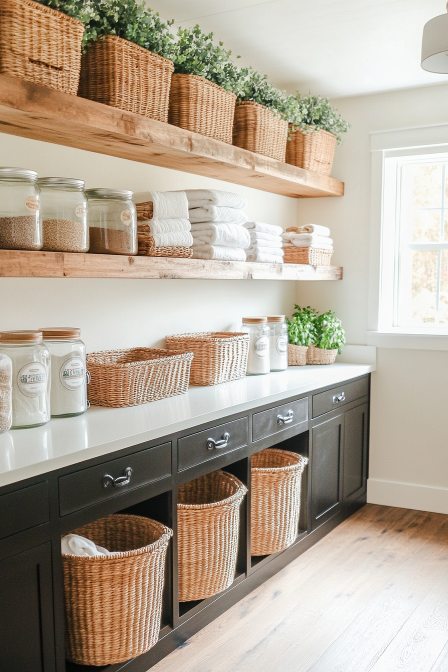 Reclaimed wood floating shelves in a farmhouse laundry room