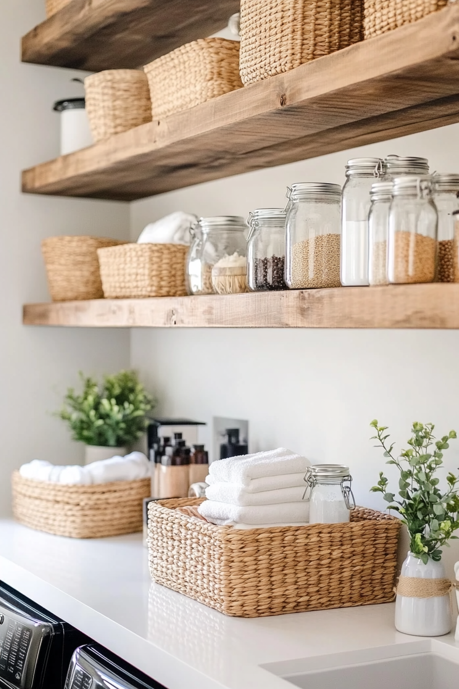 Reclaimed wood floating shelves styled with farmhouse decor