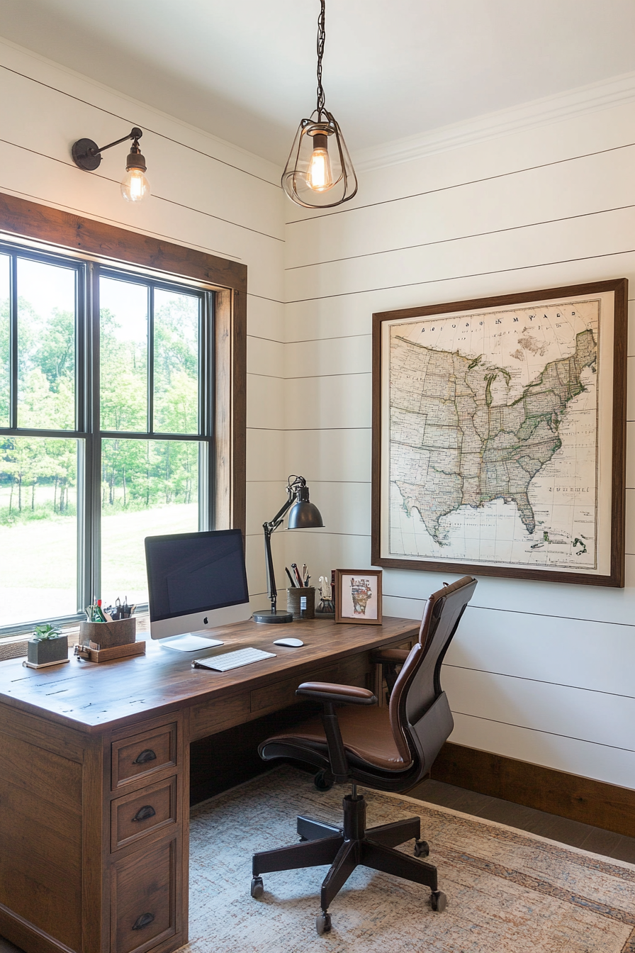 Vintage map framed as wall art in a farmhouse office
