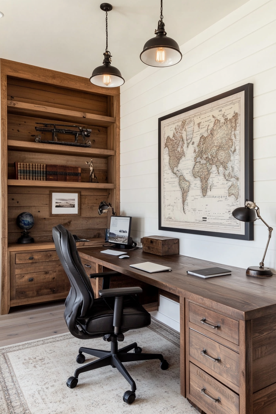 Detailed view of framed vintage map on a rustic wall