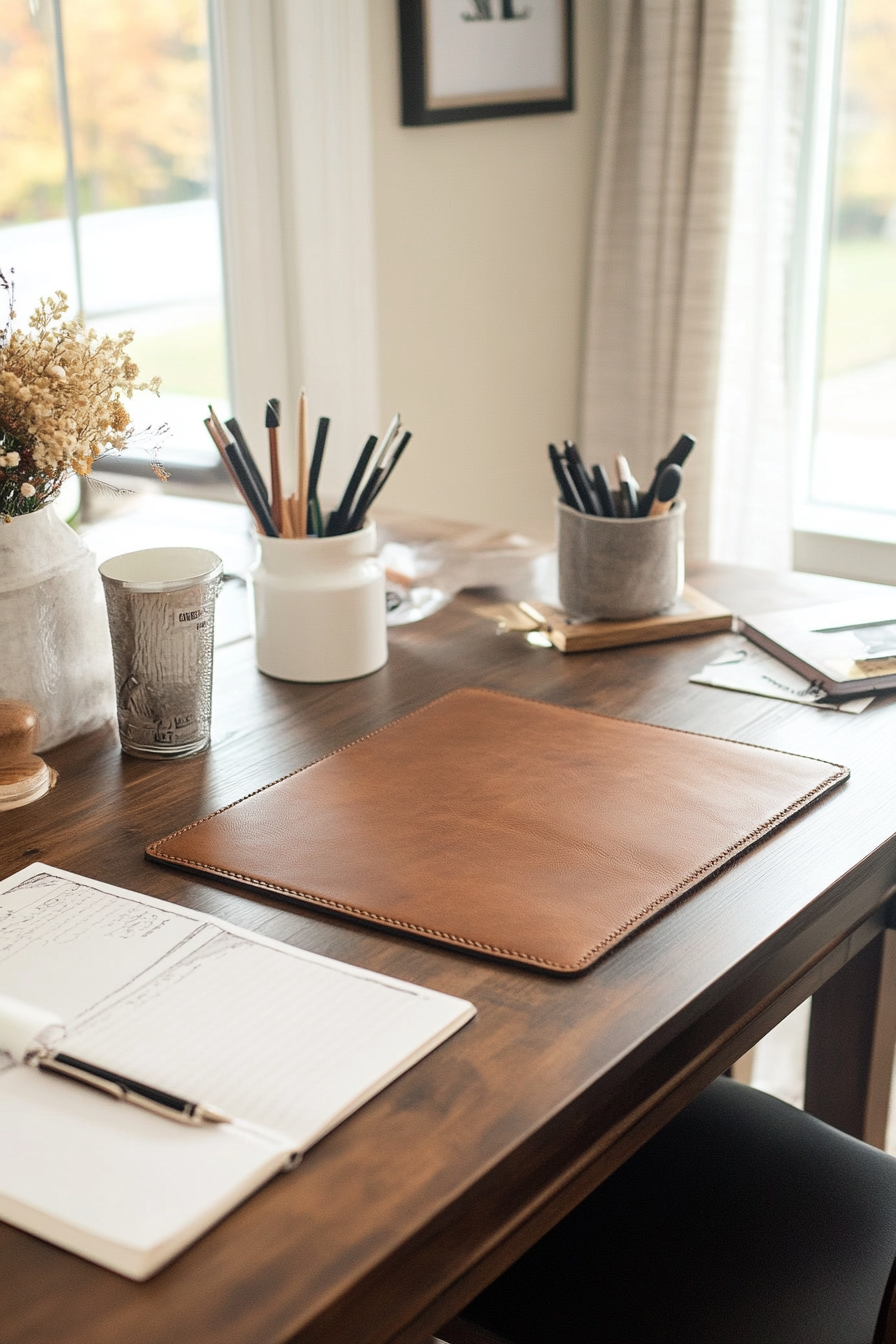 Weathered leather desk pad on a farmhouse workspace