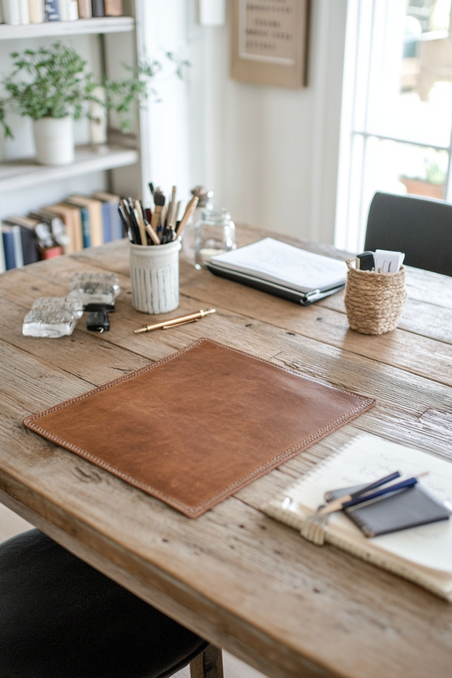 Close-up of leather desk pad with writing tools