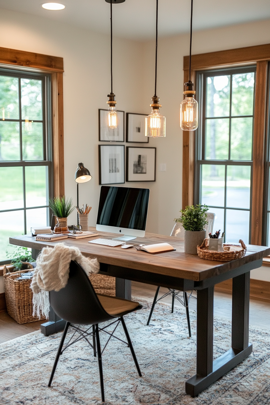 Edison bulb pendant lighting fixture in a farmhouse office