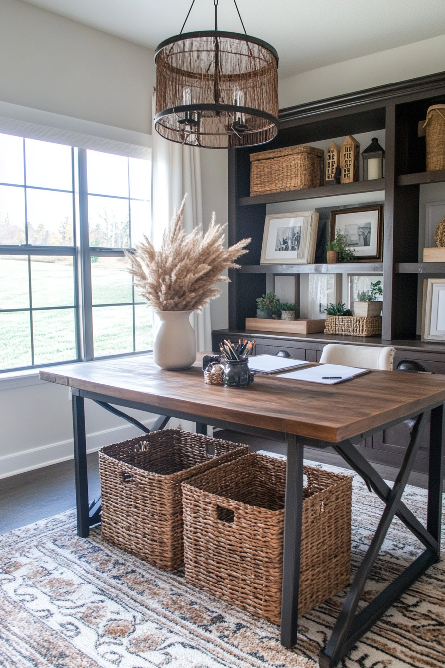 Woven storage baskets under a farmhouse desk