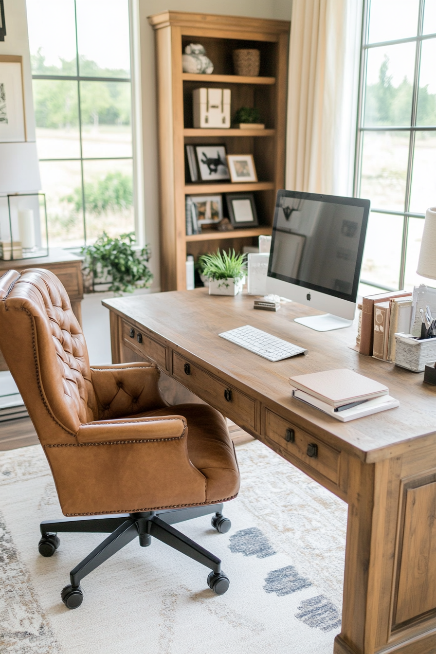 Distressed leather office chair in a farmhouse office