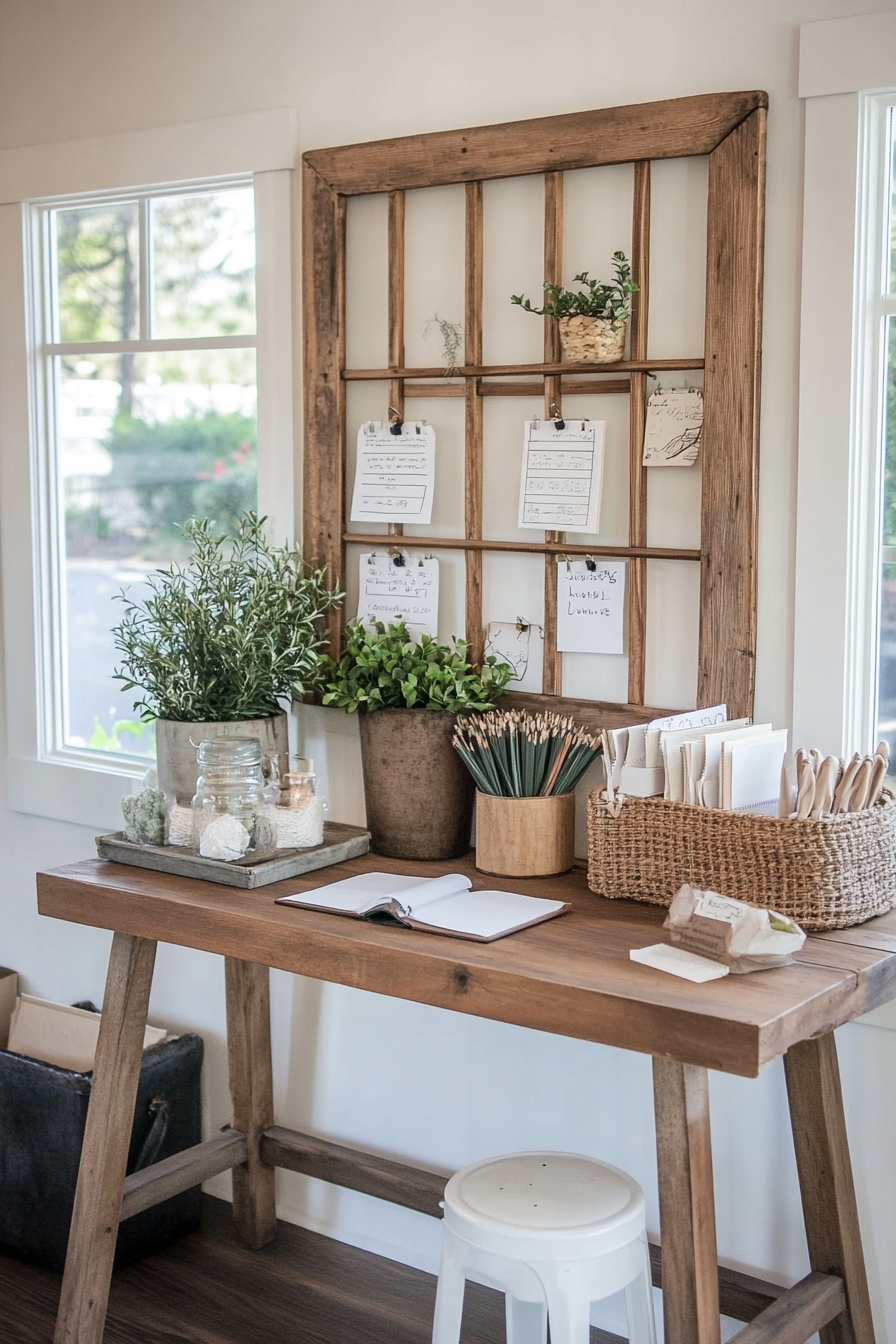 Vintage window frame repurposed as a bulletin board