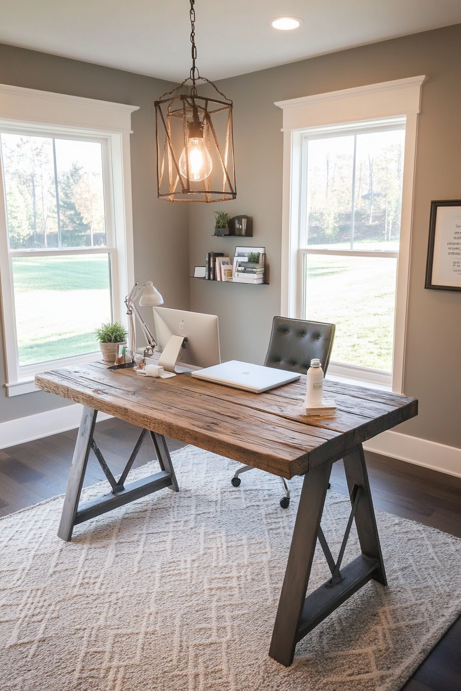 Side view of a rustic desk with warm lighting