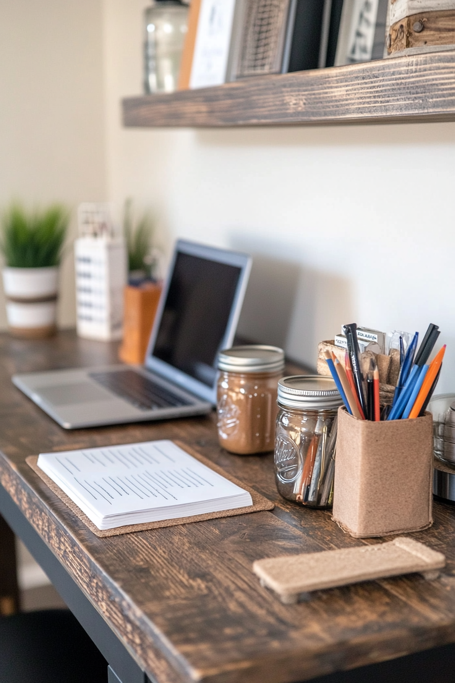 Mason jar desk organizers filled with office supplies