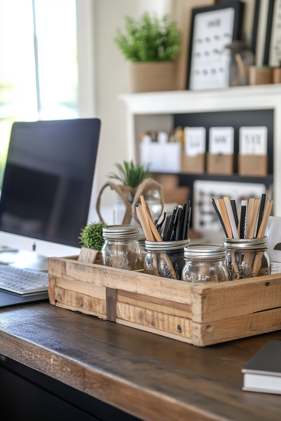 Painted mason jars holding pencils on a desk