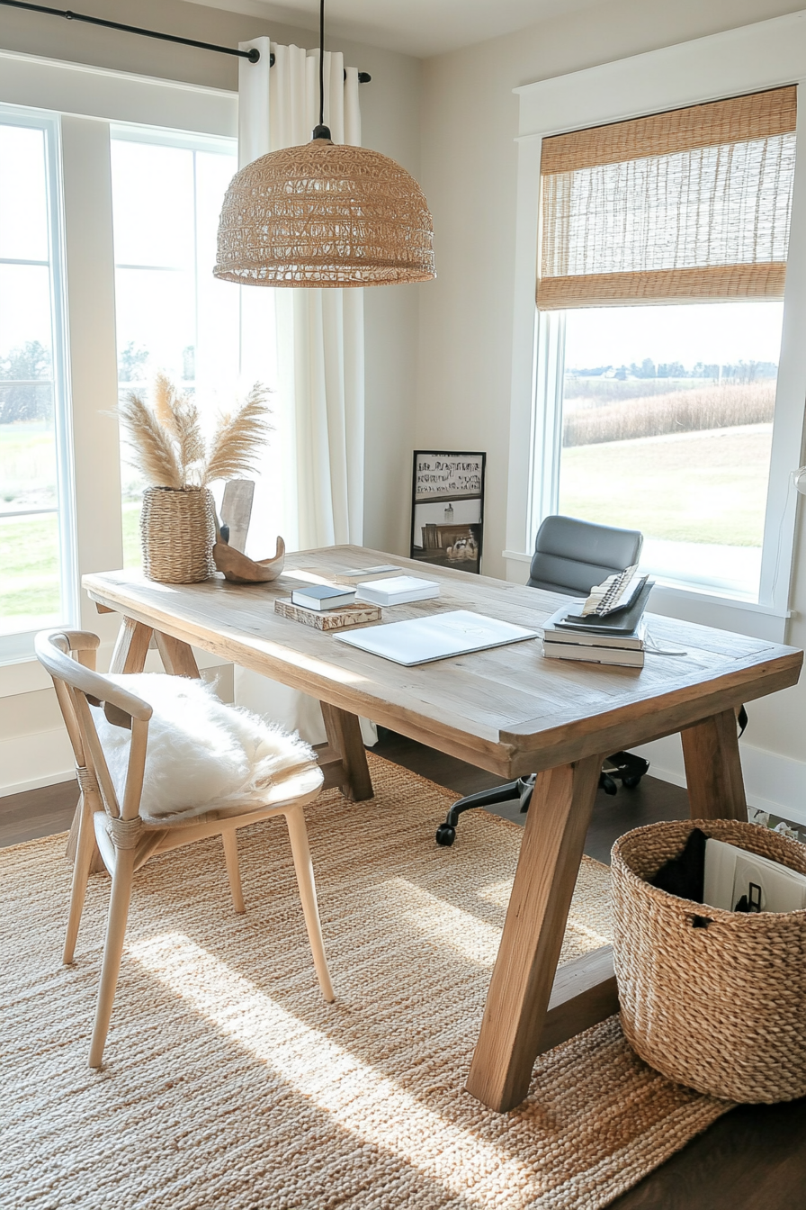 Neutral farmhouse office with warm decor accents