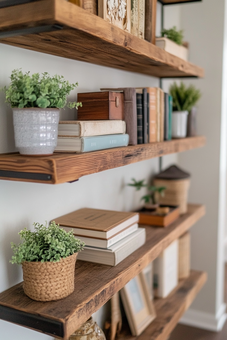 Detailed view of barn wood shelves with plants and books