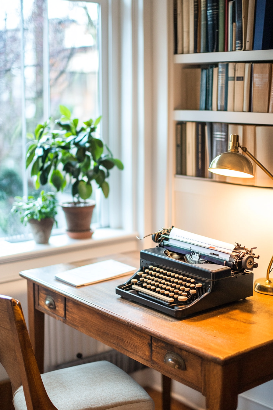 Antique typewriter as a decorative accent on a farmhouse desk