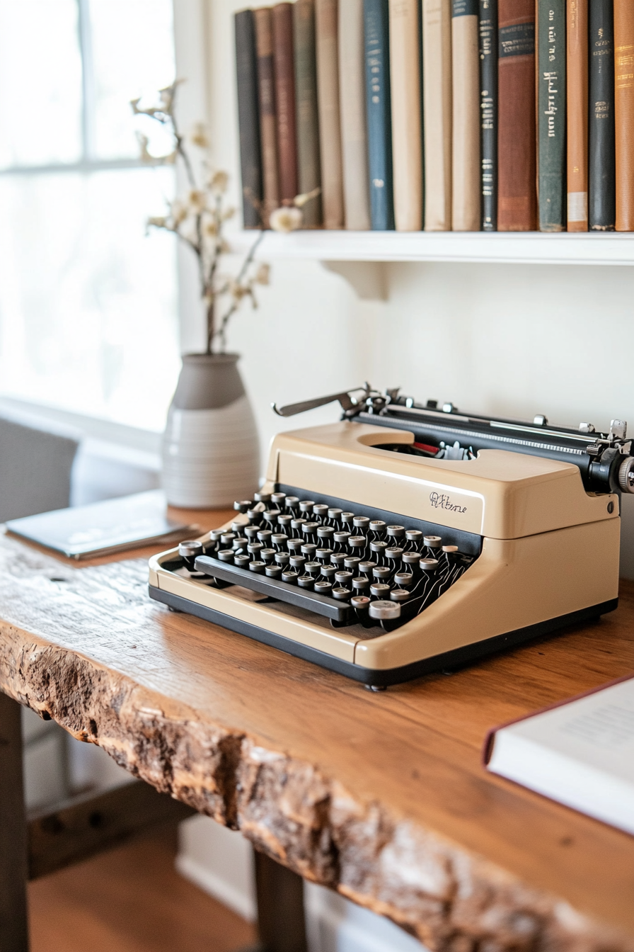 Close-up of antique typewriter with rustic decor
