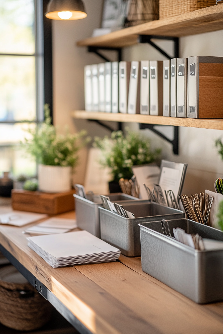 Galvanized metal file organizers on a desk