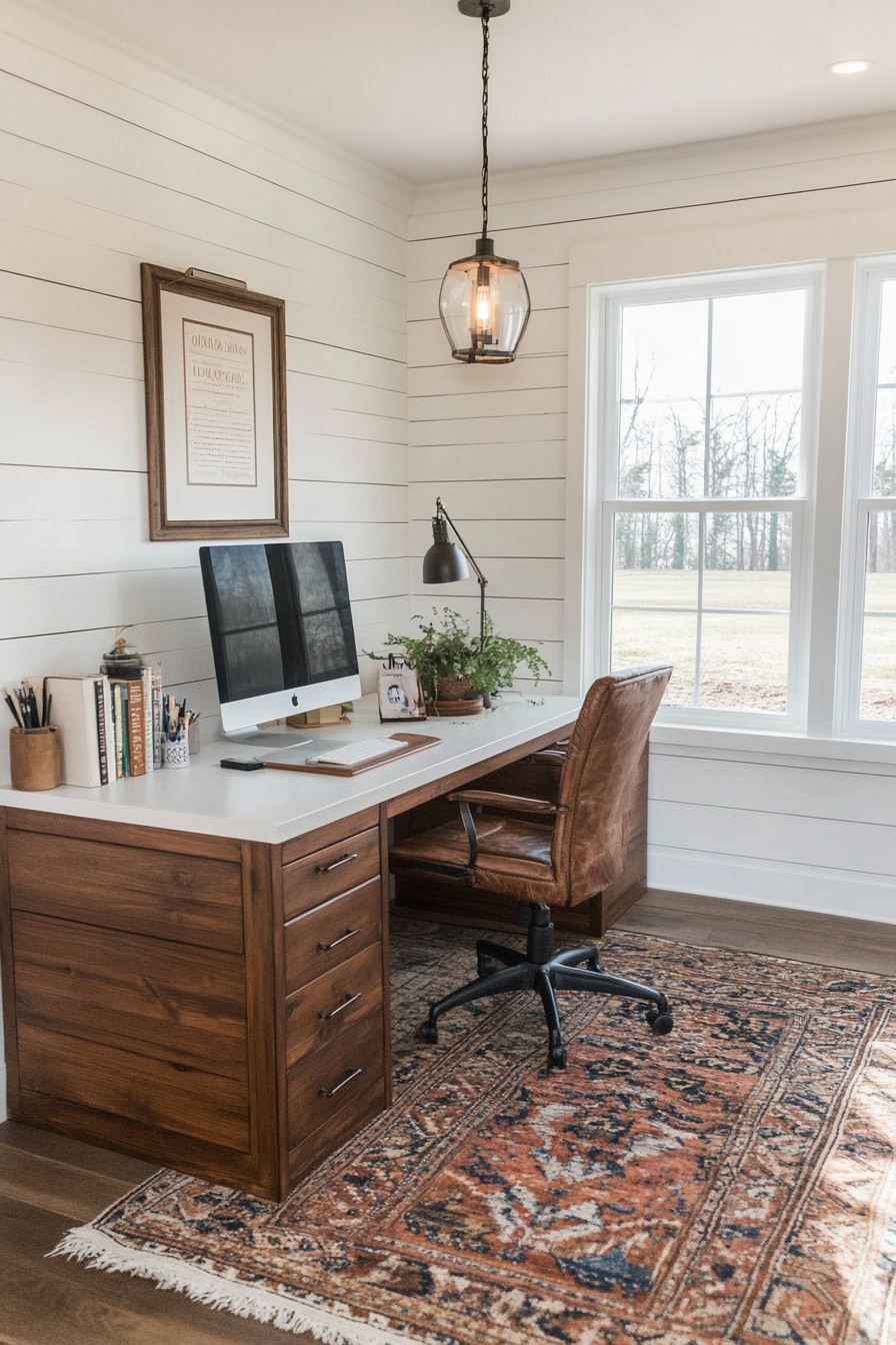 White shiplap accent wall in a farmhouse office