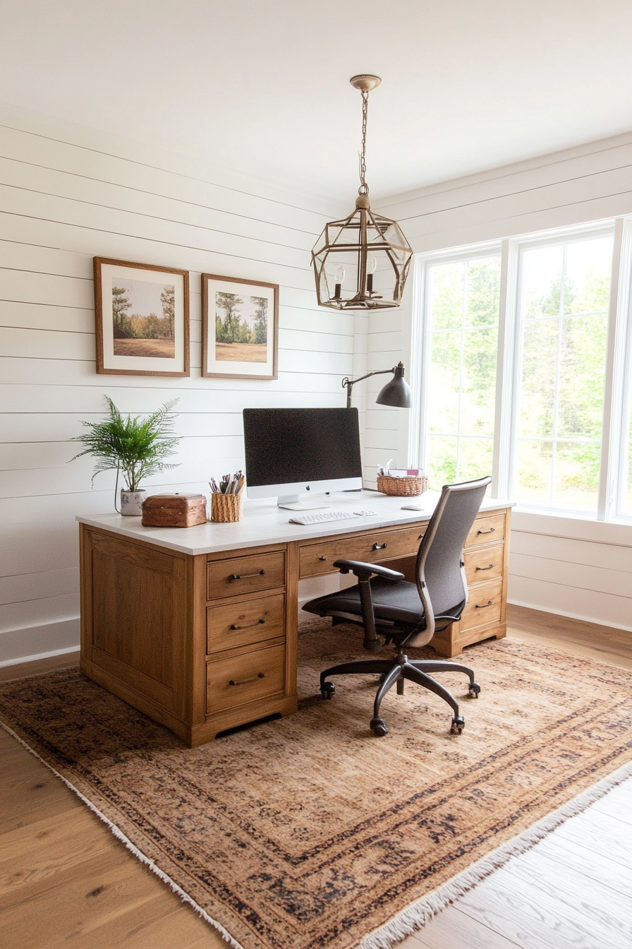 Detailed view of white shiplap wall with decor accents
