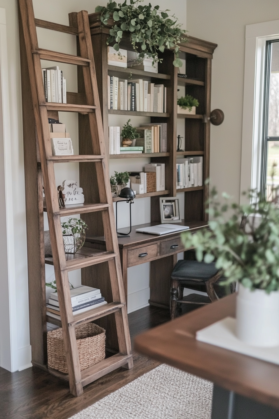 Rustic ladder repurposed as a bookshelf in a farmhouse office