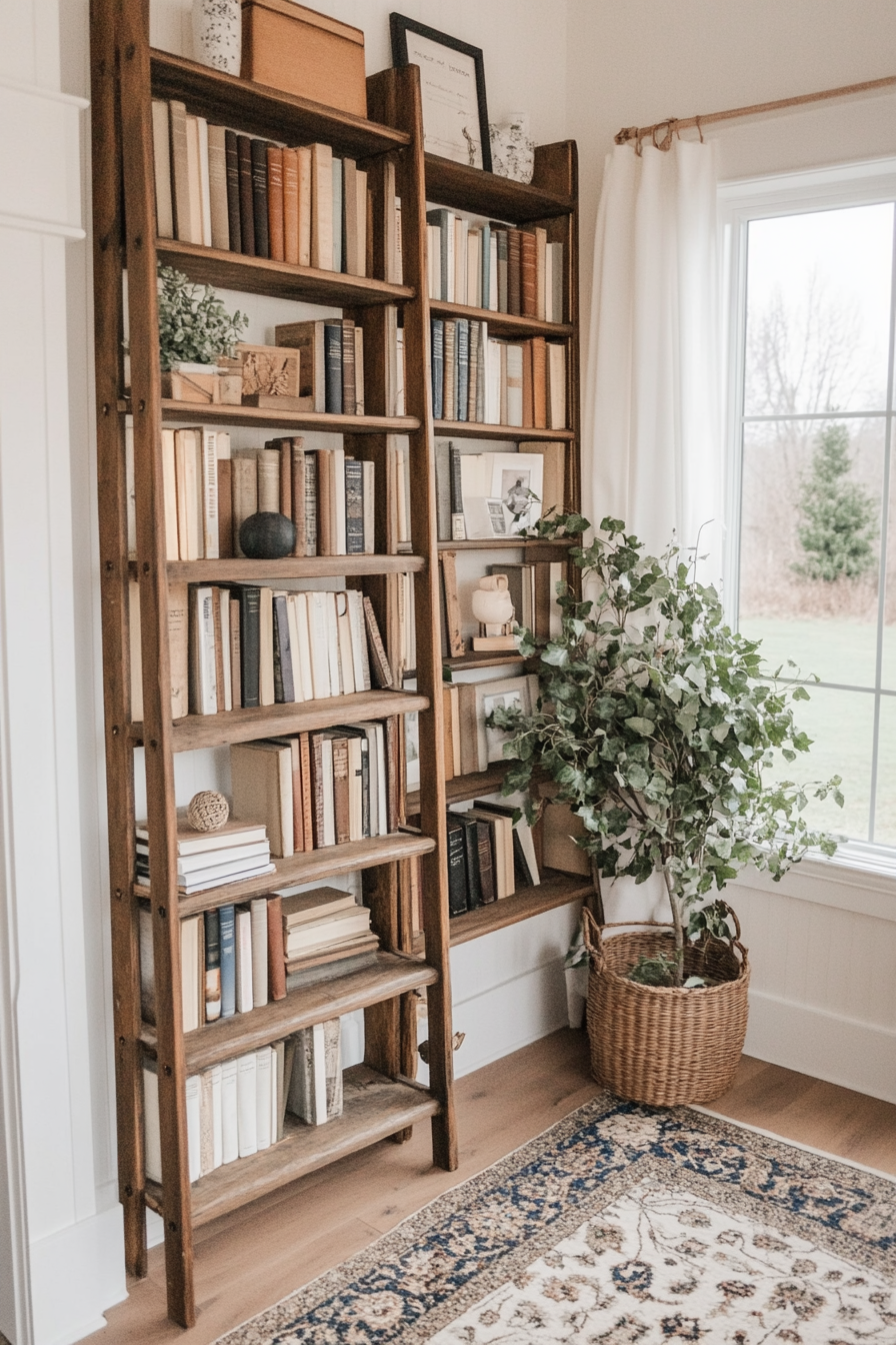Close-up of ladder bookshelf styled with books and greenery